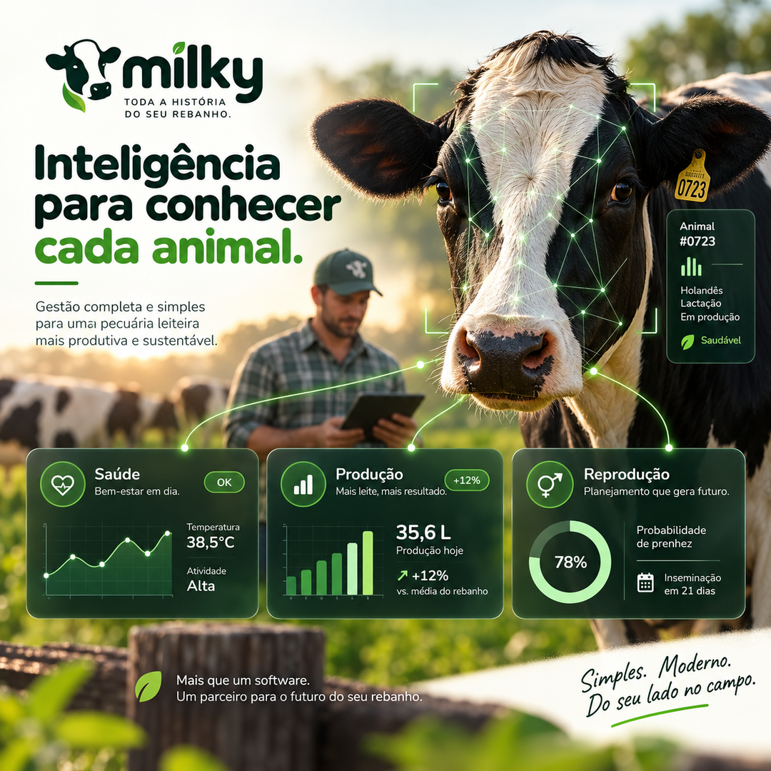 Vaca leiteira acompanhada por indicadores inteligentes da Milky